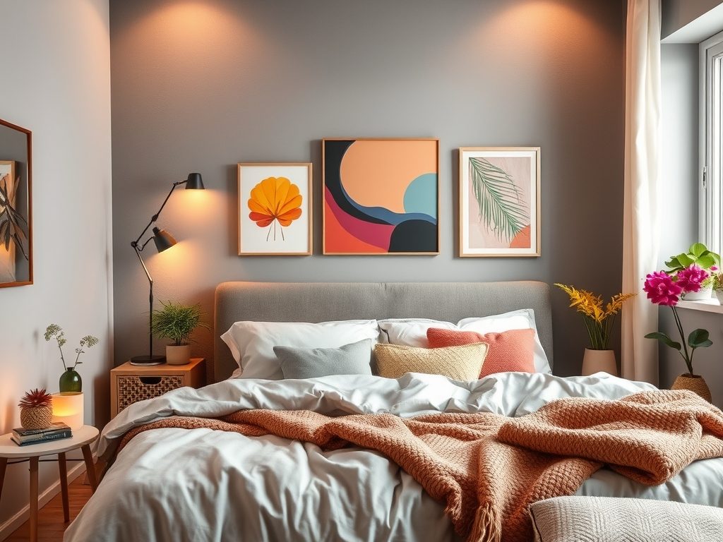 Szara sypialnia: jak ocieplić wnętrze światłem, tkaninami i kolorowymi akcentami dla przytulnej atmosfery